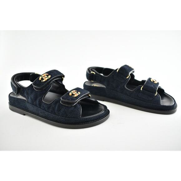 Chanel 21A Blue Velvet Denim CC Logo Mule Slide Strap Flat Teva Dad Sandal 38 - Picture 4 of 12